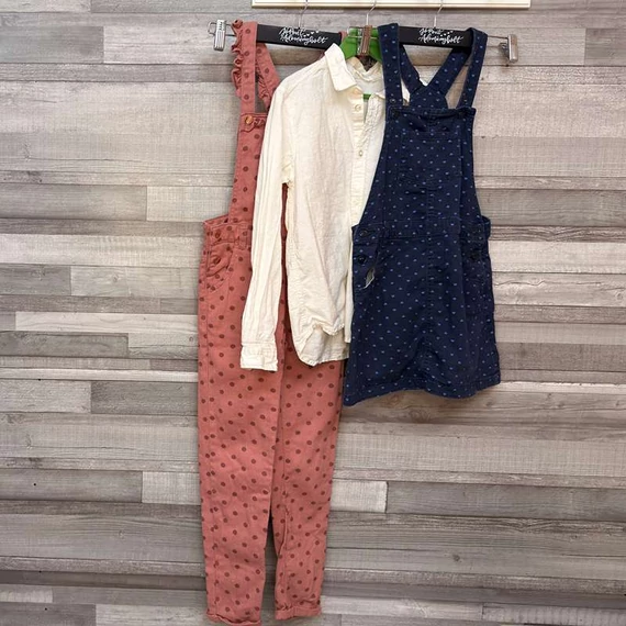 H&amp;M és Little Kids kislány farmer kantáros szoknya, nadrág és fehér ing szett 8-9 év