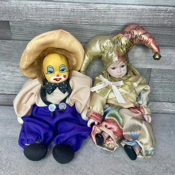 Retro bohóc és porcelán baba szett