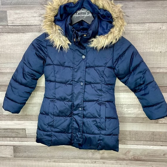 H&M sötétkék szőrmekapucnis kislány télikabát 116