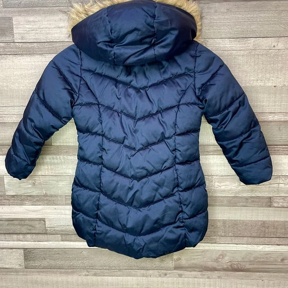 H&M sötétkék szőrmekapucnis kislány télikabát 116