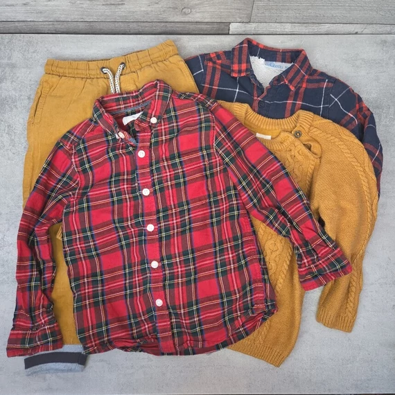 Next, H&M kisfiú mustársárga-kockás vagány ruhacsomag, 92