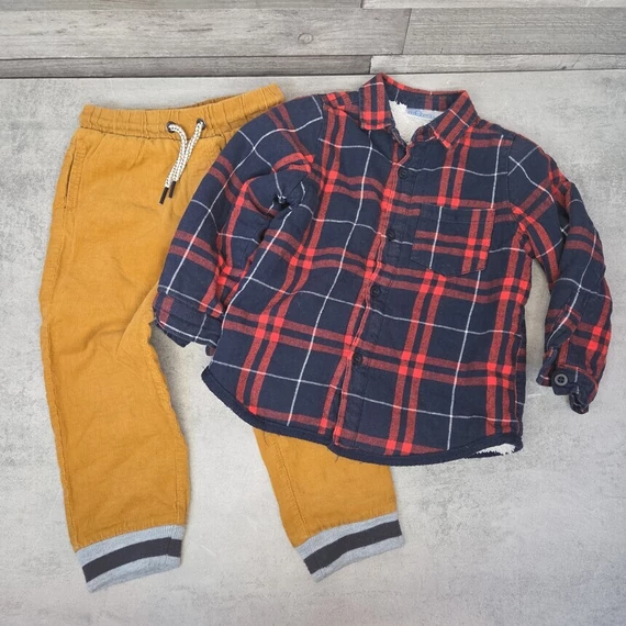 Next, H&M kisfiú mustársárga-kockás vagány ruhacsomag, 92