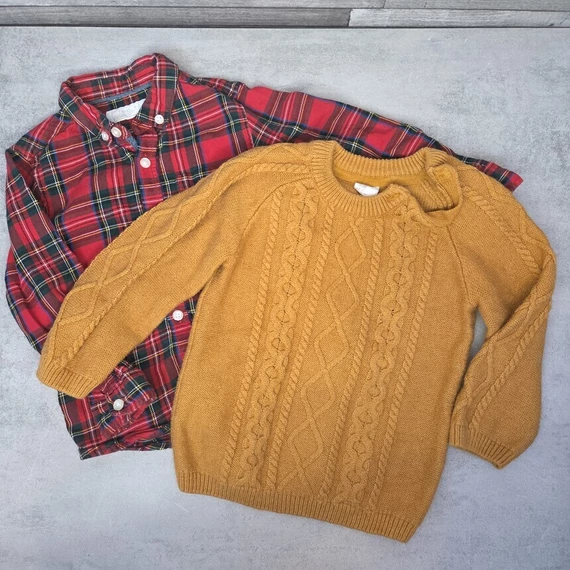 Next, H&M kisfiú mustársárga-kockás vagány ruhacsomag, 92