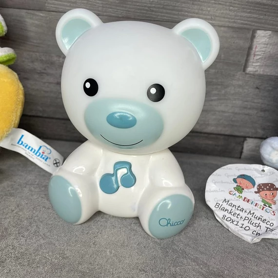 Bambia altató plüss, Chicco zenélő-világító maci, Gamberritos plüss szett babáknak