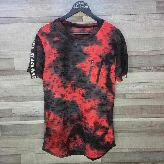 Szaggatott hatású piros-fekete férfi sport póló, L