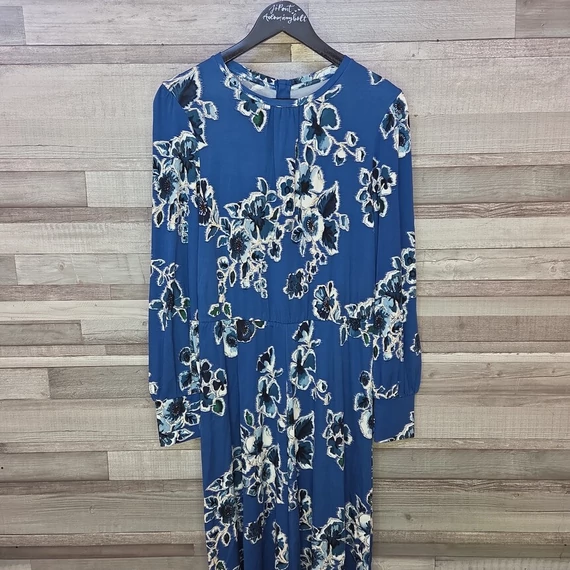 Virágos kék hosszú női ruha övvel, M