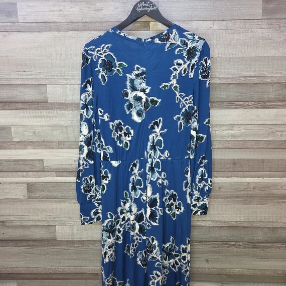 Virágos kék hosszú női ruha övvel, M