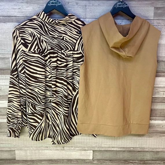 H&M mintás blúz, Opus világosbarna kapucnis mellény 40-44