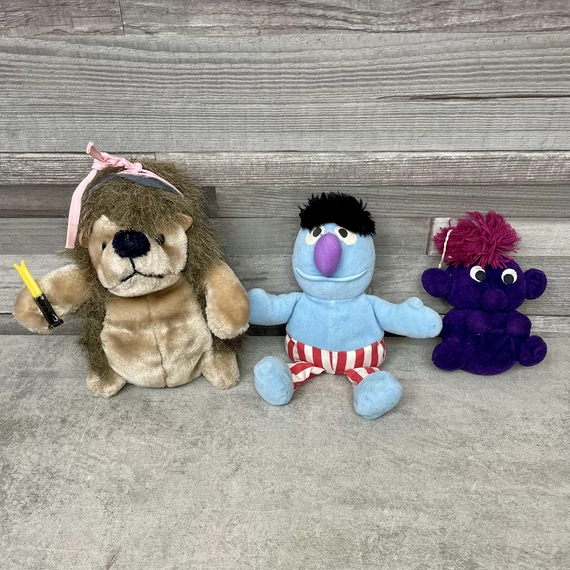 Szezám utca Henry, lila manó, szerszámos süni retro plüss figura szett