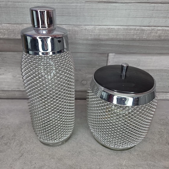 Vintage dróthálós borítású koktél készítő mixer és jégtartó