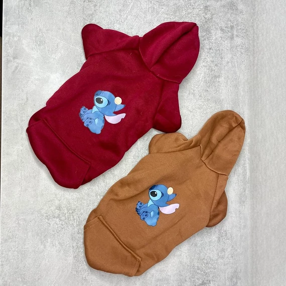 Stich figurás barna és bordó kapucnis kis termetű kutyaruha szett