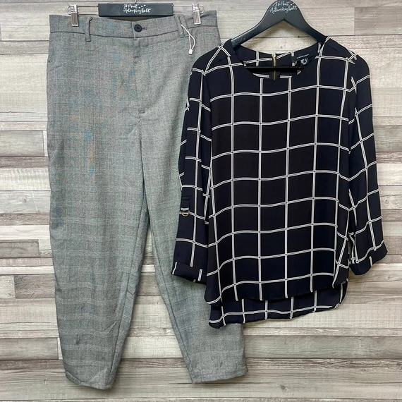 Bershka szürke-fekete nadrág, Atmosphere fekete-fehér kockás blúz L-es szett