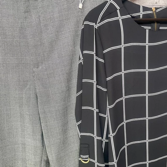 Bershka szürke-fekete nadrág, Atmosphere fekete-fehér kockás blúz L-es szett