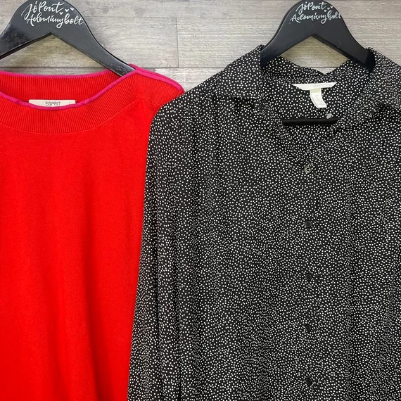 Esprit piros pulóver, H&M fekete pöttyös blúz S-es szett