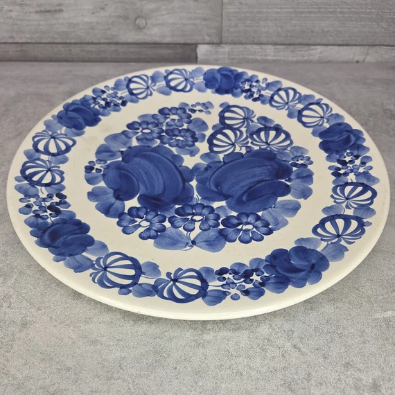 Lengyel Wloclawek kék virágmintás nagyméretű fajansz fali dísztányér