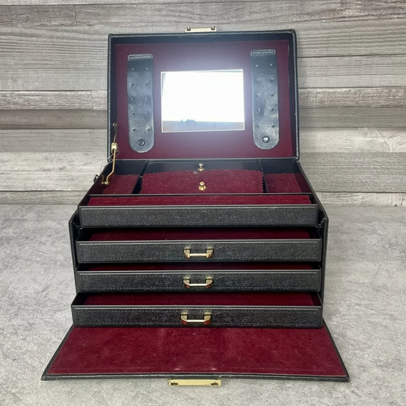 Vintage fekete műbőr bársonypárnás fiókos tükrös ékszertartó doboz