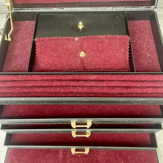 Vintage fekete műbőr bársonypárnás fiókos tükrös ékszertartó doboz