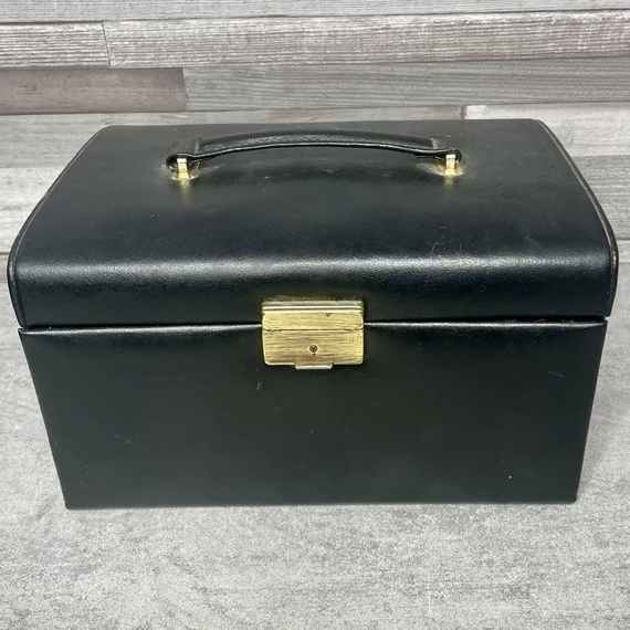 Vintage fekete műbőr bársonypárnás fiókos tükrös ékszertartó doboz