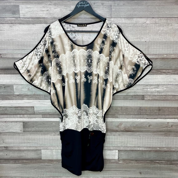 My77 Barna-fekete csipkemintás extravagáns miniruha/tunika M