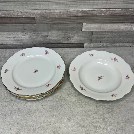 Zsolnay Pécs virágos aranyozott szélű porcelán tányér szett