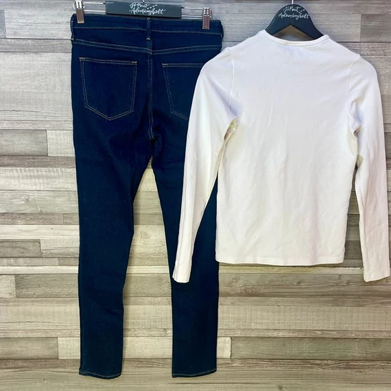 Skinny Ankle Regular Waist sötétkék farmernadrág 27, Gant fehér-barna-rózsaszín hosszú ujjú felső S szett