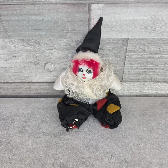Vintage porcelánfejű kisméretű bohóc figura