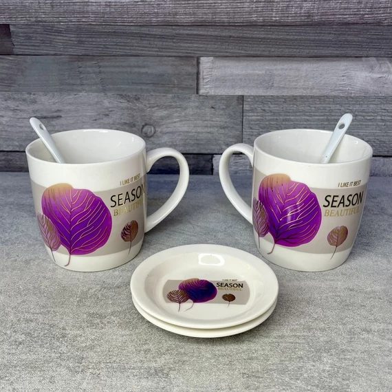 Season fehér-lila levélmintás kerámia teás bögre szett