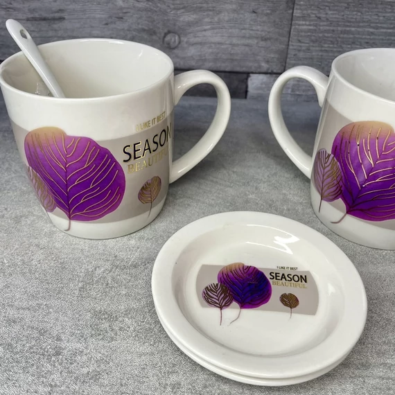 Season  fehér-lila levélmintás kerámia teás bögre szett