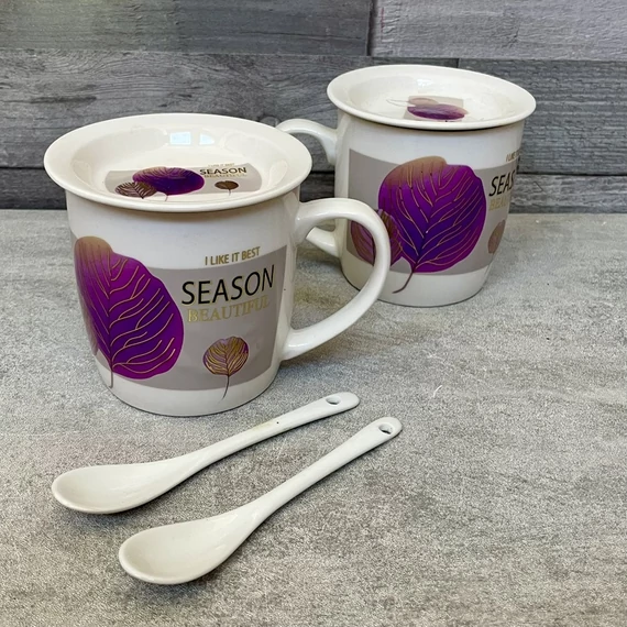 Season  fehér-lila levélmintás kerámia teás bögre szett