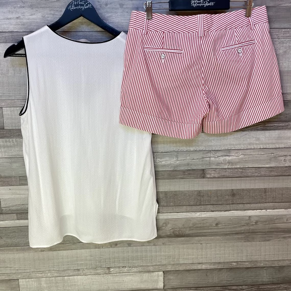 Zara piros-fehér csíkos rövidnadrág, H&M fehér blúz szett 40