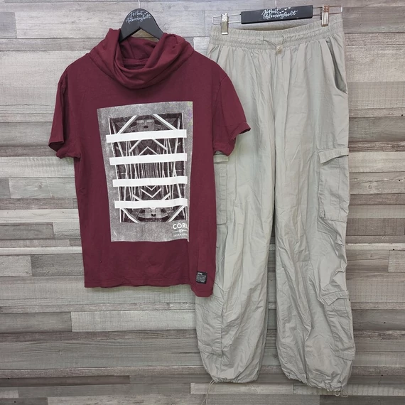 Jack&Jones bordó női póló és FB Sister oldalzsebes nadrág szett, S-M