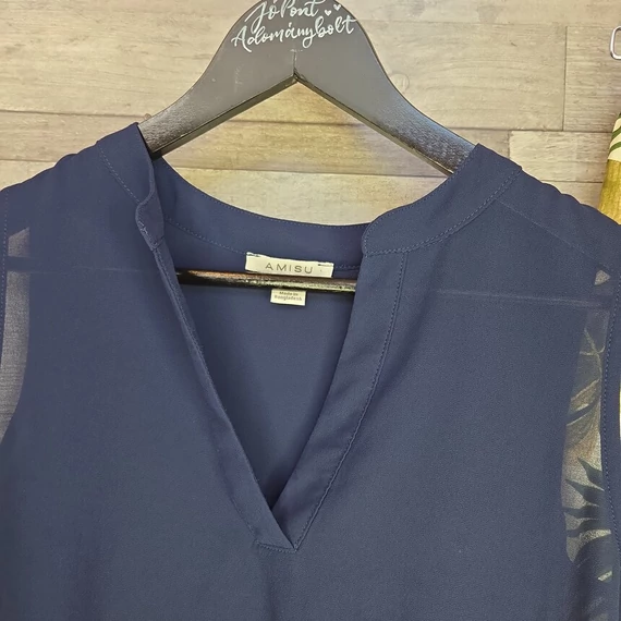 Amisu sötétkék ujjatlan női blúz és növény mintás bő szárú nadrág szett, XS-S