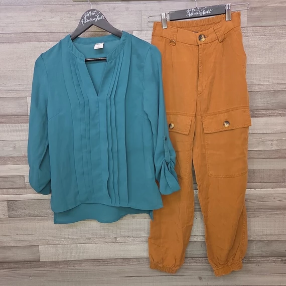 Vero Moda zöld női blúz és Bershka barna női nadrág szett, XS-S