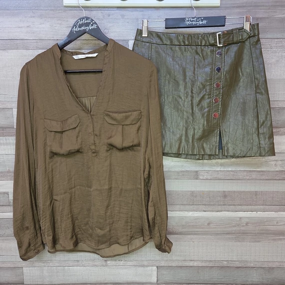 Zara méregzöld női blúz és Bershka bőr hatású miniszoknya szett, S-M