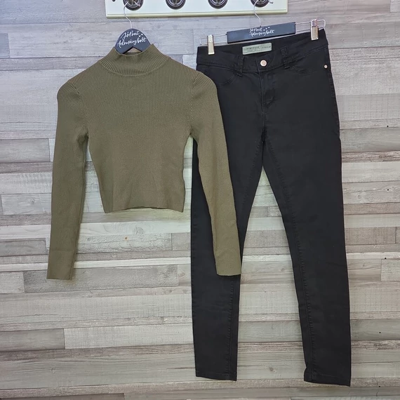 H&M Divided kötött zöld női garbó és Clockhouse fekete farmer szett, XS-S