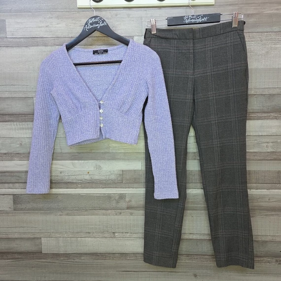 Bershka rövid női kardigán és Zara kockás szövetnadrág szett, XS-S