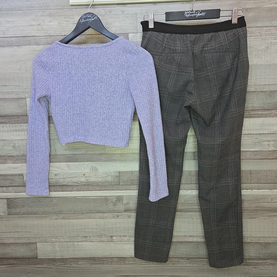 Bershka rövid női kardigán és Zara kockás szövetnadrág szett, XS-S