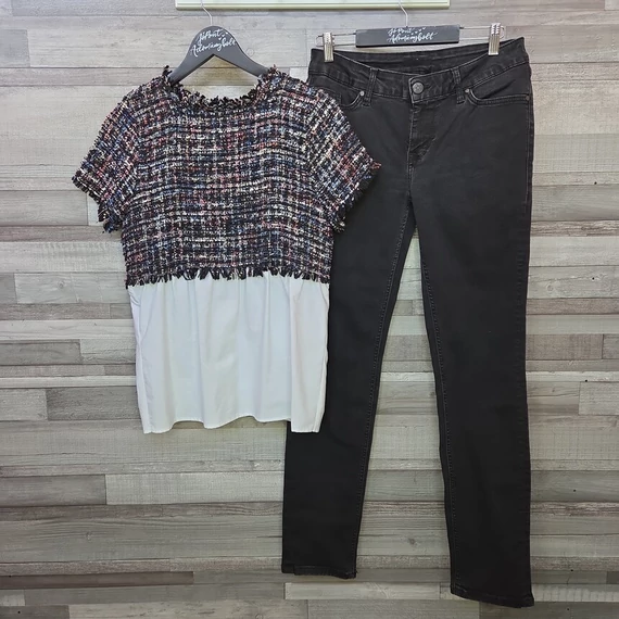 Zara szőttes hatású női felső és Mustang fekete farmernadrág szett, S-M