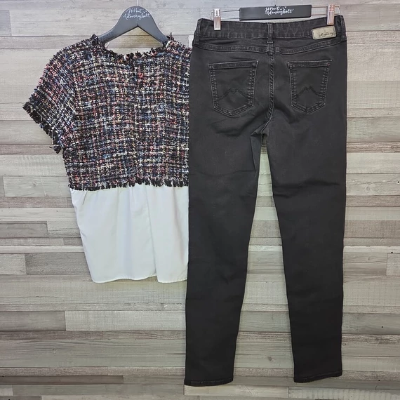 Zara szőttes hatású női felső és Mustang fekete farmernadrág szett, S-M