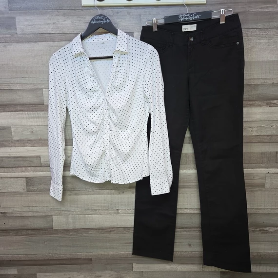 Forget Me Not pöttyös női blúz és Esprit fekete női nadrág szett, M-L