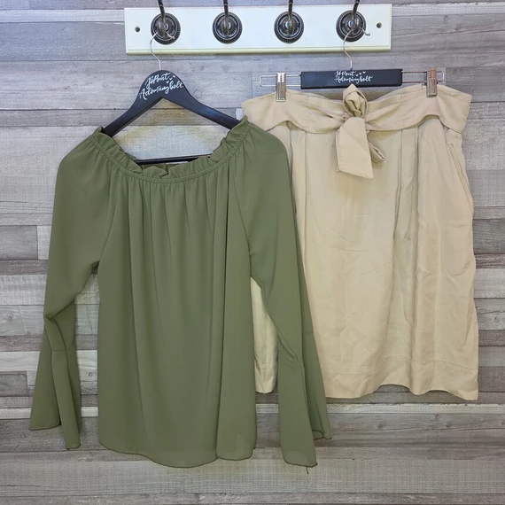 H&M bézs szoknya és lágy esésű zöld blúz szett, XL