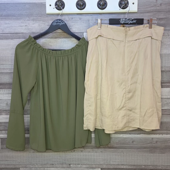 H&M bézs szoknya és lágy esésű zöld blúz szett, XL