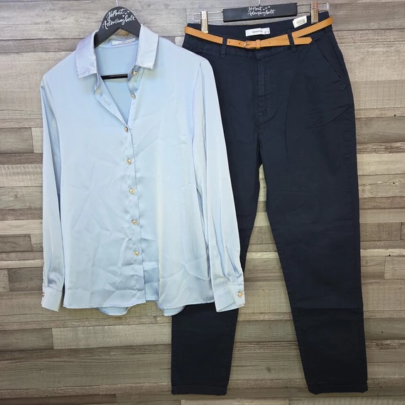 May világoskék női selyemblúz és Reserved sötétkék női nadrág szett, S-M