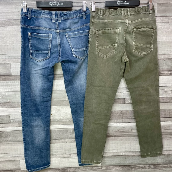 Glo-story koptatott kék, Next khakizöld kamasz lány farmernadrág szett 146