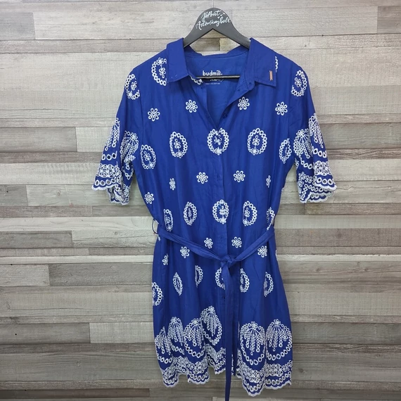 Budmil áttört anyagú, hímzett mintás királykék női ruha, XL