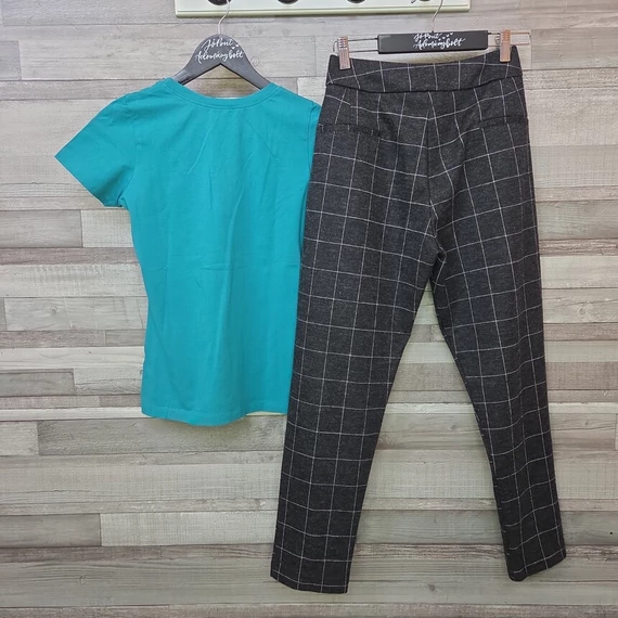 Piú Piano zöld női póló és Reserved kockás szövetnadrág szett, XS