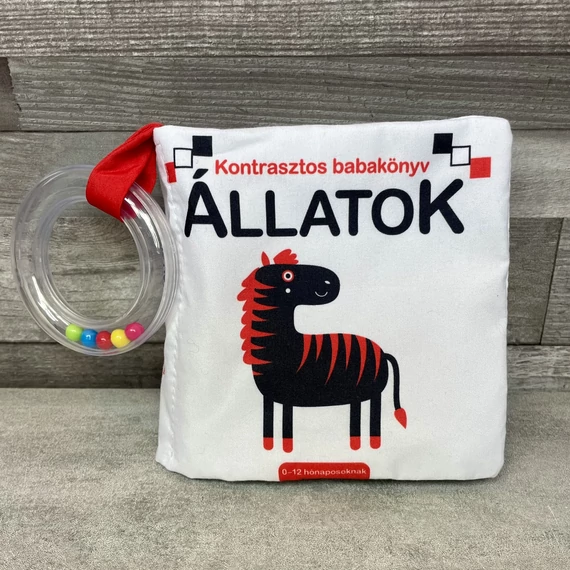 Kontrasztos babakönyv: Állatok, csörgő-zörgő babajáték