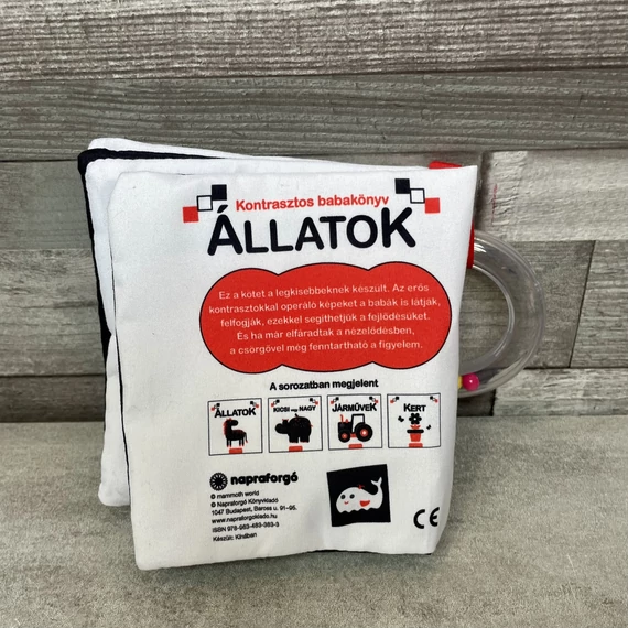 Kontrasztos babakönyv: Állatok, csörgő-zörgő babajáték