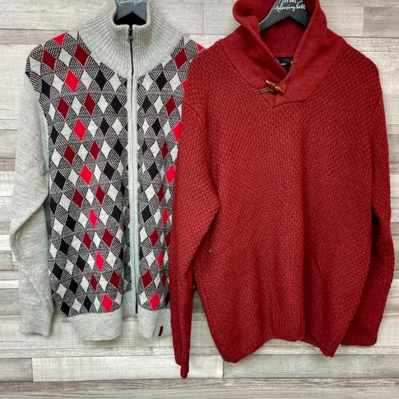 Jolly Doaba Hosiery szürke fekete-bordó kárókockás cipzáras, Easy bordó kötött pulóver M-L szett