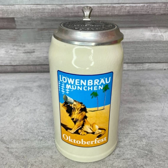 Löwenbrau München Oktoberfest Oroszlános ónfedeles kerámia söröskorsó 1 l